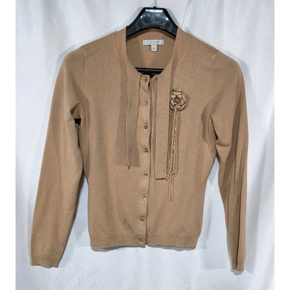 Bogari Silk Blend Cardigan Sweater Small Tan Rosette Tie Neck Button Front - Picture 2 of 10